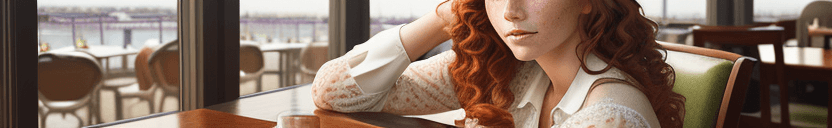 AI generated: breathtaking woman, spiral curls, long auburn hair, (freckles:0.6), sitting at a table in a restaura...