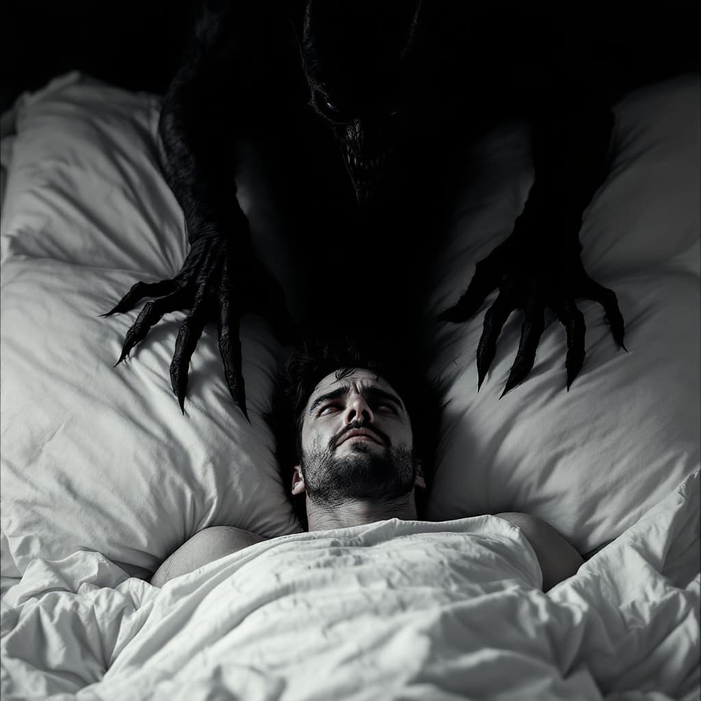 AI generated: With terror etched on his face, a man lies frozen in bed, the nightmarish silhouette of a demon loom...