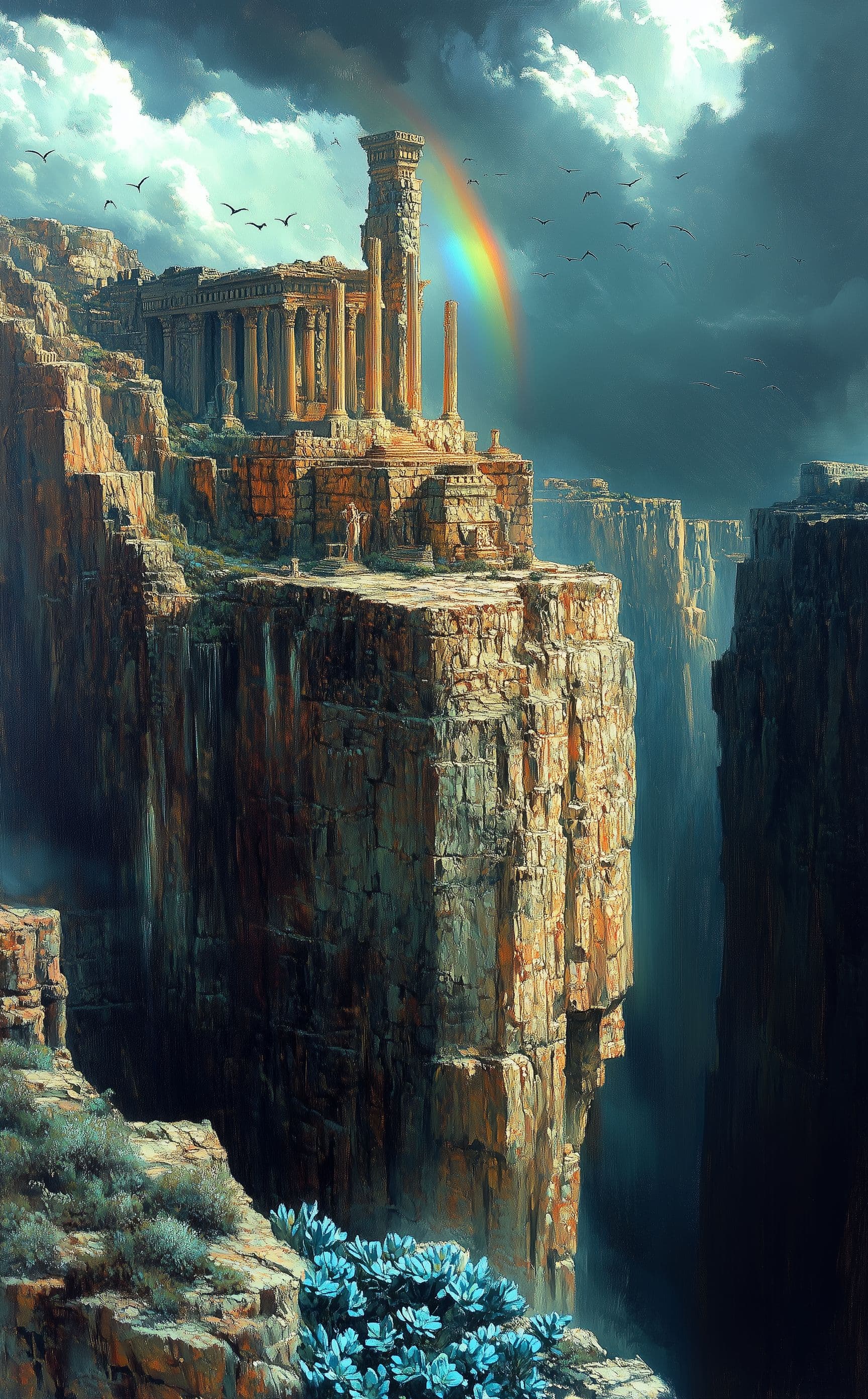 AI generated: An oil painting in the style of H.R. Giger and Zdzisław Beksiński of an ancient Greek temple on the ...