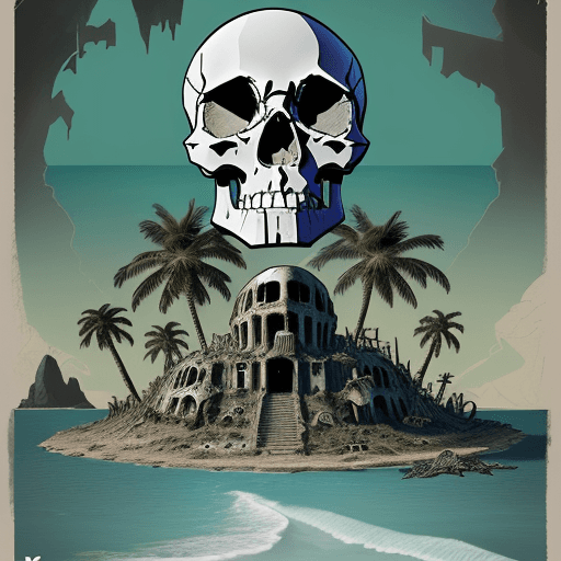 AI generated: A color comic style poster of the island of the dead, human skull figures of the undead, with A penc...