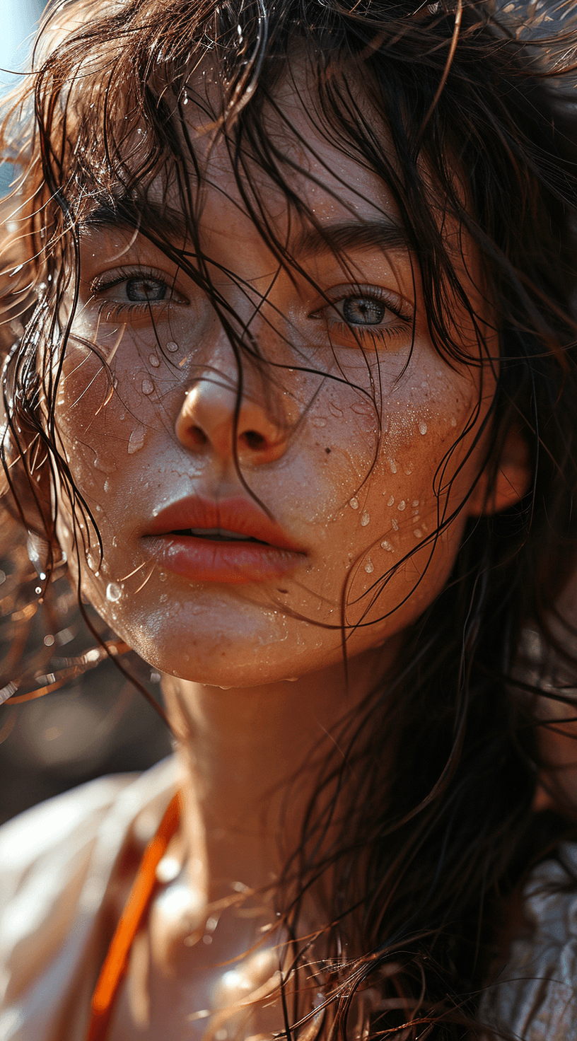 AI generated: a woman with long hair in wind, in the style of pop inspo, hyper-realistic water, animated gifs, mar...