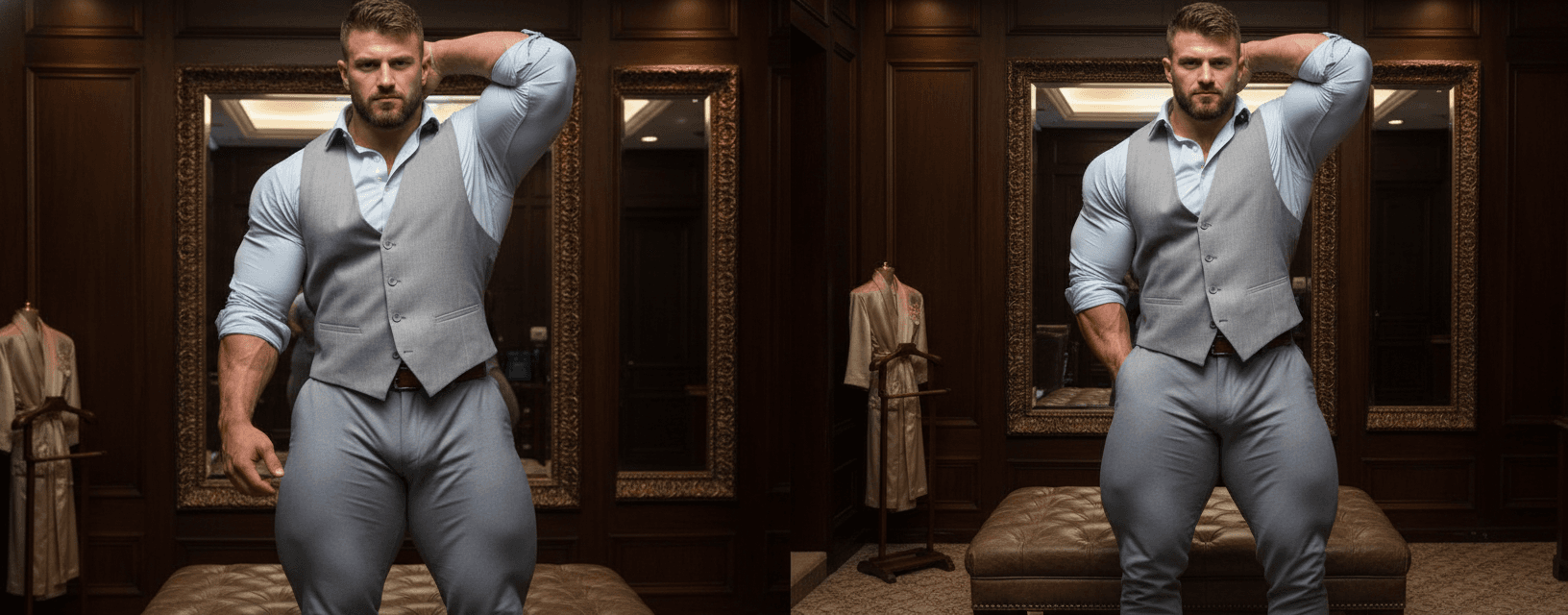AI generated: In one single image. The bodybuilder is 6'4" tall, he has huge muscular shoulders and super extra hu...