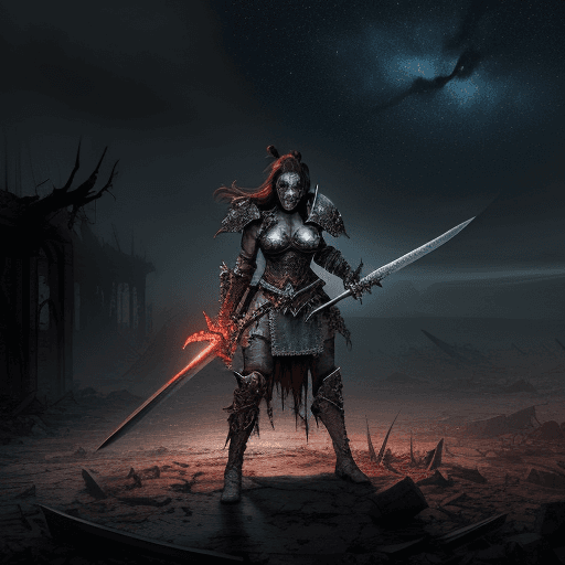 AI generated: A female chaos warrior of khorne in armor is holding a great sword in a ruined post-apocalyptic, A d...