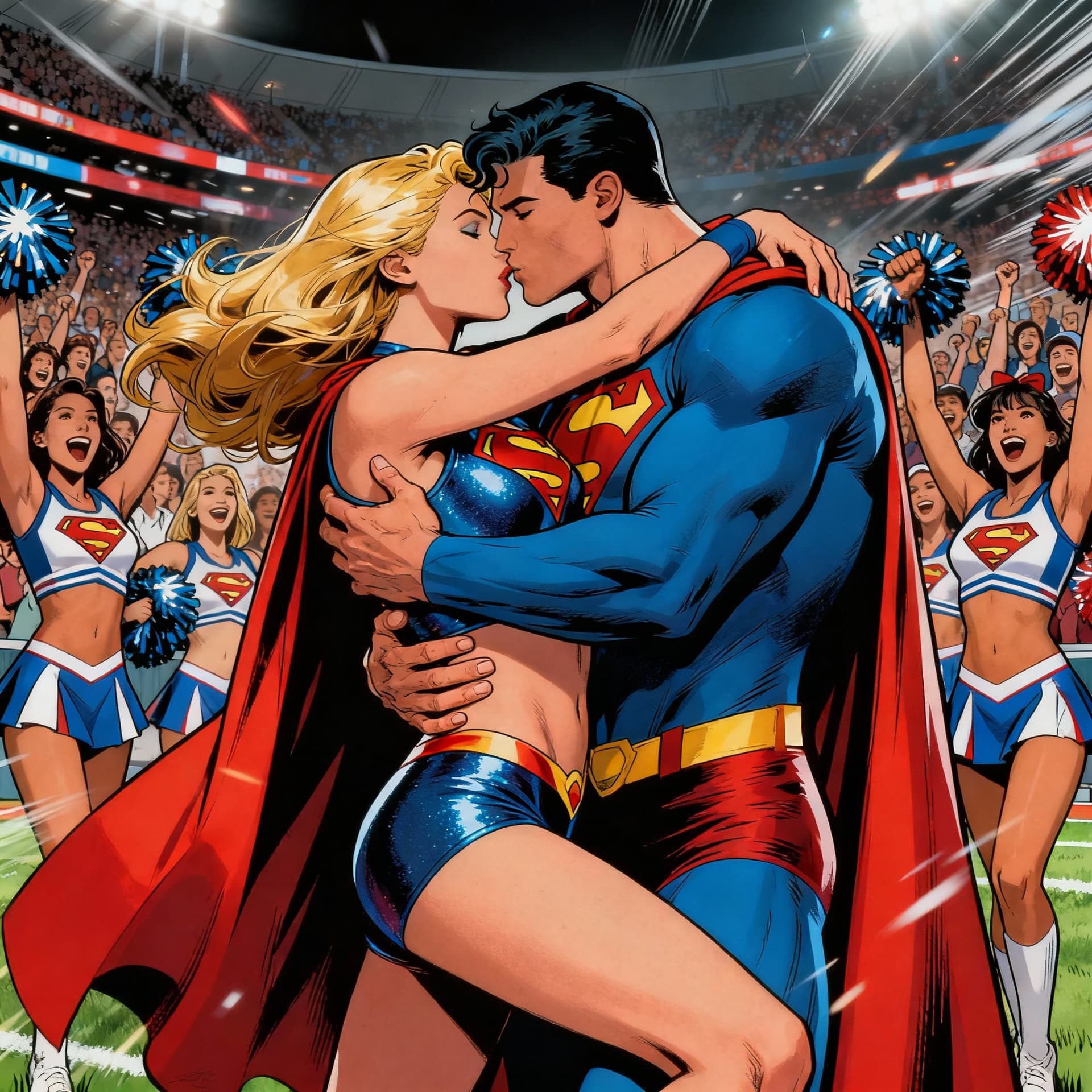 AI generated: superman and supergirl in revealing tight outfits, embracing passionately, their hands wandering all...
