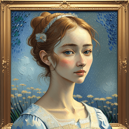AI generated: highly detailed painting, woman, 20-25 years old, stunning, delicate features, in the style of Van G...