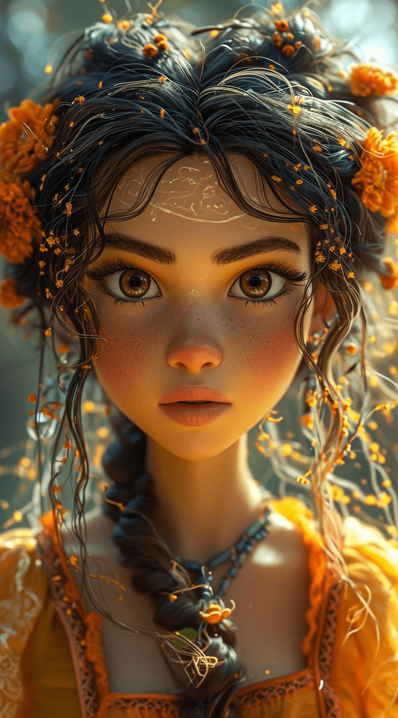 AI generated: a girl, in the style of unreal engine 5, mexican folklore-inspired, animated gifs, candycore, mark k...