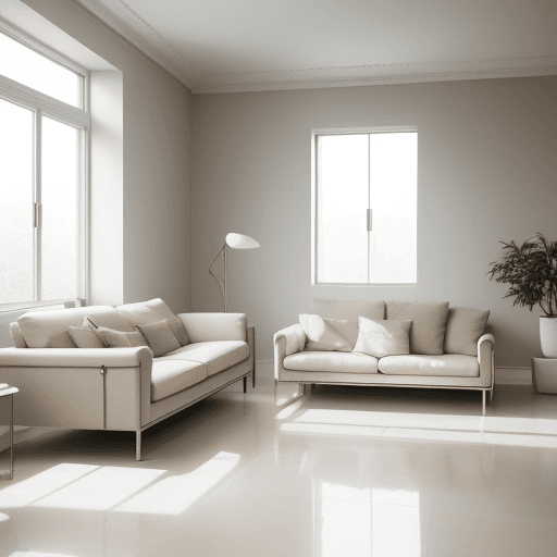 AI generated: Photograph a contemporary living room, soft light of morning, integration of beige flooring and matt...