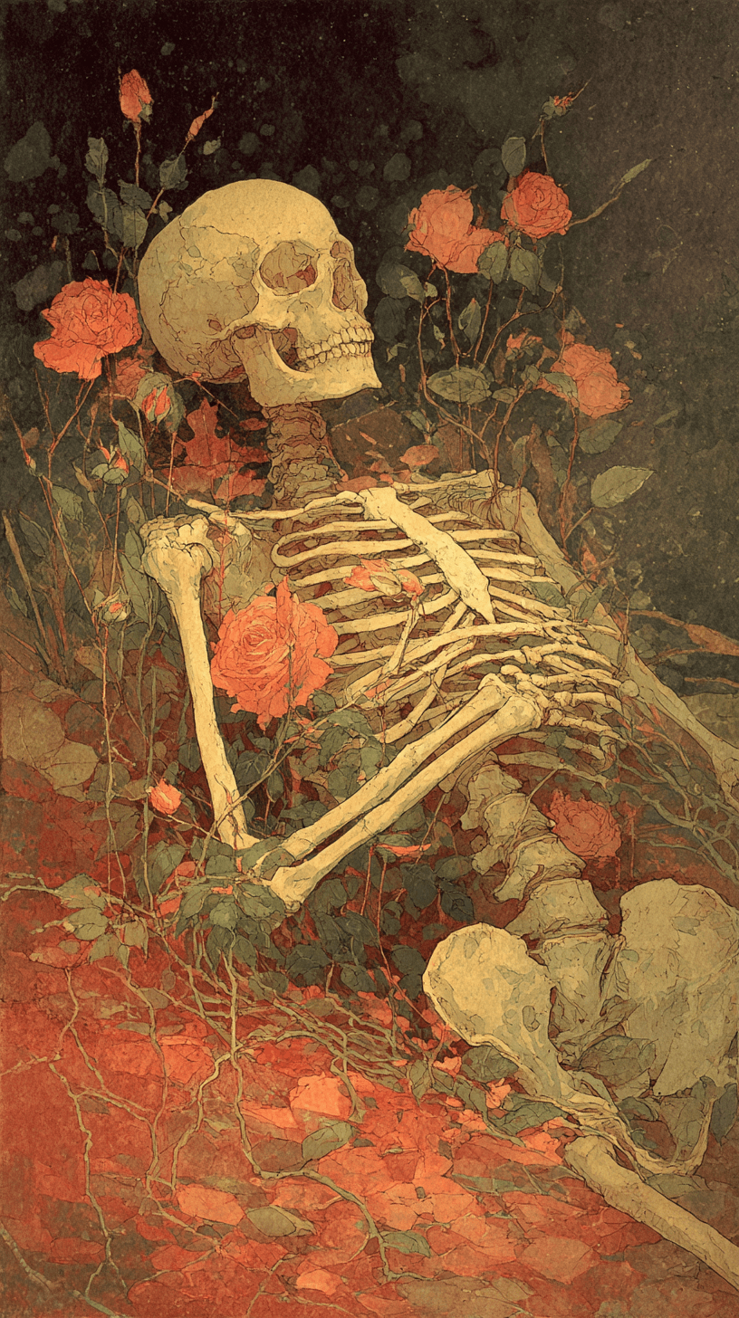 AI generated: A human skeleton lying flat on the ground, viewed from the top. The skeleton’s arms are crossed over...