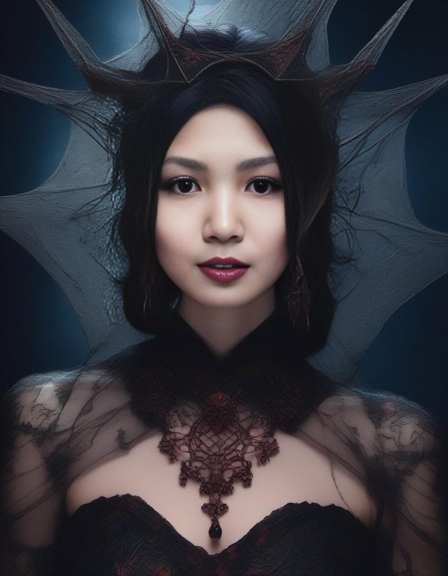 AI generated: Her makeup is an intricate fusion of glam and gore, with deep, smoky eyes that seem to hold secrets ...