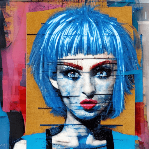 AI generated: woman with blue hair, in the style of multi-layered collages, edgy street art, celebrity-portraits, ...