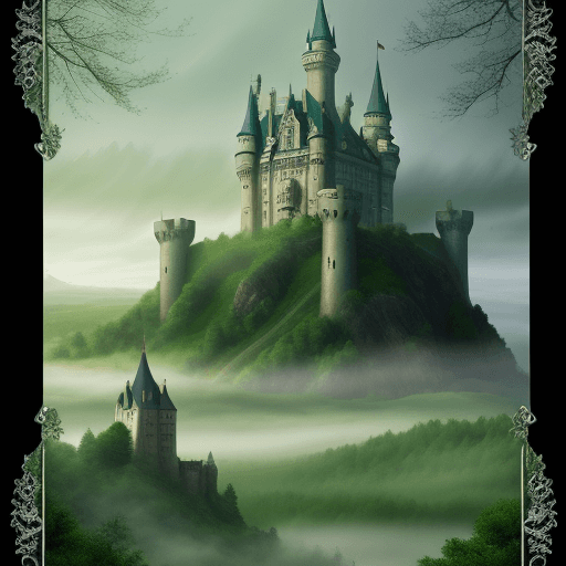 AI generated: 
this is a book cover, it shows a castle, green color, fog, trees