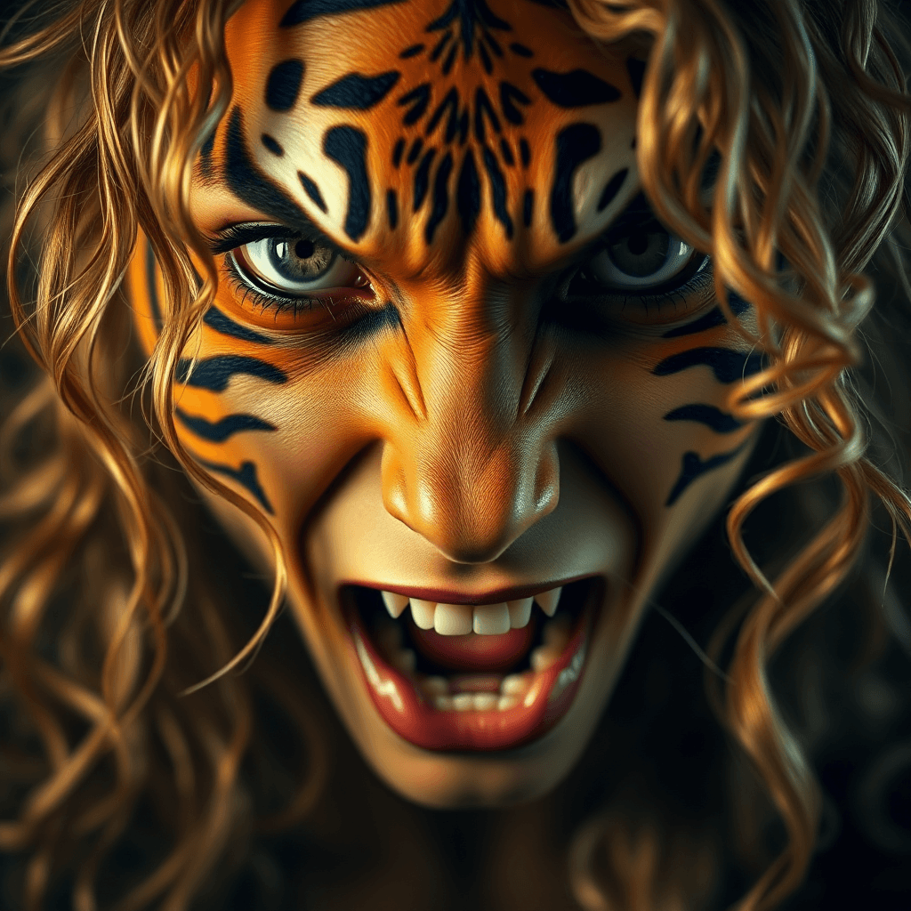 AI generated: "Draw a close-up photo of a female face with intense expression. The skin is like a tiger and lumino...