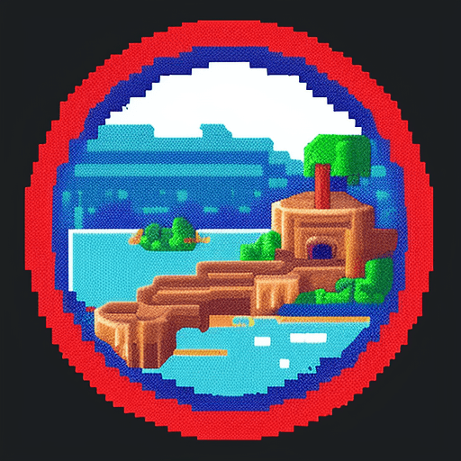 AI generated: A circular logo of rift from pixel, red and blue, little river, pixel art