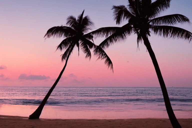 AI generated: pale pink, pale orange, pale blue sunrise at the beach, aquamarine ocean, clear sand, silhouette of ...