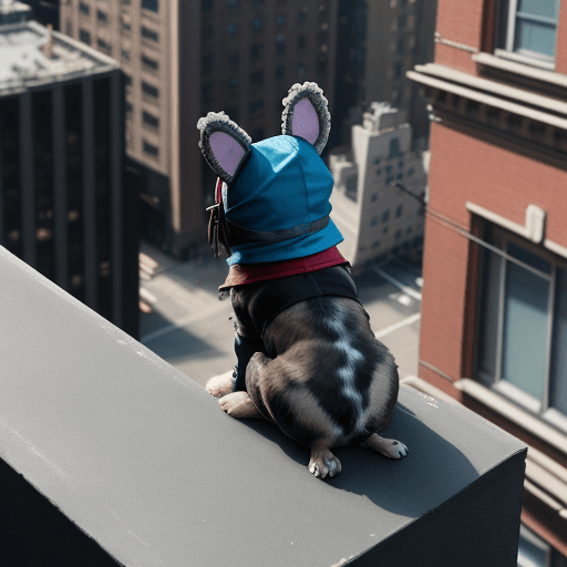AI generated: a realistic dog wearing a black face mask, sitting on top of a grey building looking down on a small...