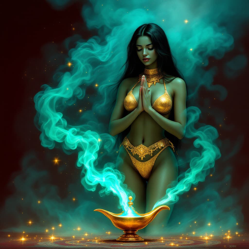 AI generated: An Indian woman with turquoise skin and dark straight hair is positioned directly in front of the ca...