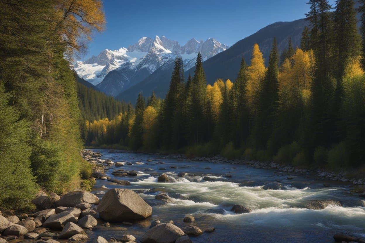AI generated: mother nature , river flowing from snow capped mountains, deep forest, creek, old-growth forest, con...