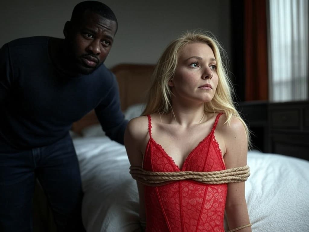 AI generated: A young blonde woman is tied to the bedroom with a thick rope. She is wearing a red lace bodysuit te...