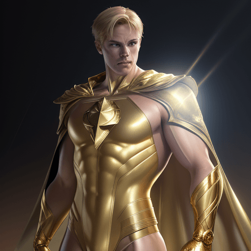 AI generated: male super hero named champion, short blond hair, no symbol, skin tight gold suit, gold cape, gold g...