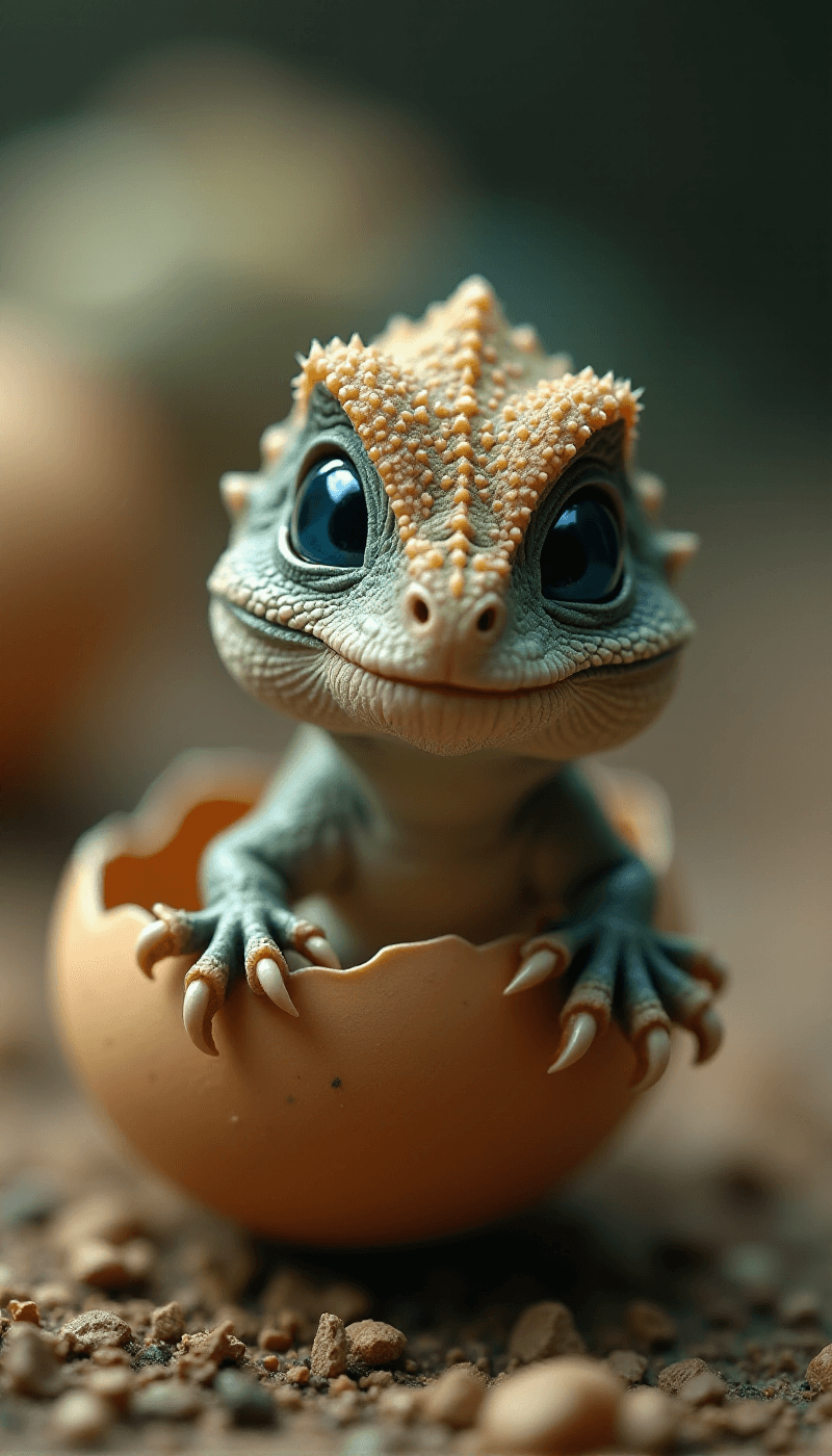 AI generated: (Photorealistic macro shot) of a (miniature newborn dinosaur) crawling out of a (broken eggshell). T...