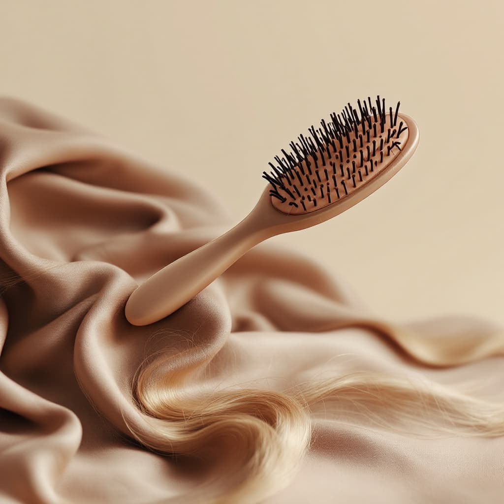 AI generated: minimalistic fancy design hair brush, not too close, in a good quality, then with a professional cam...