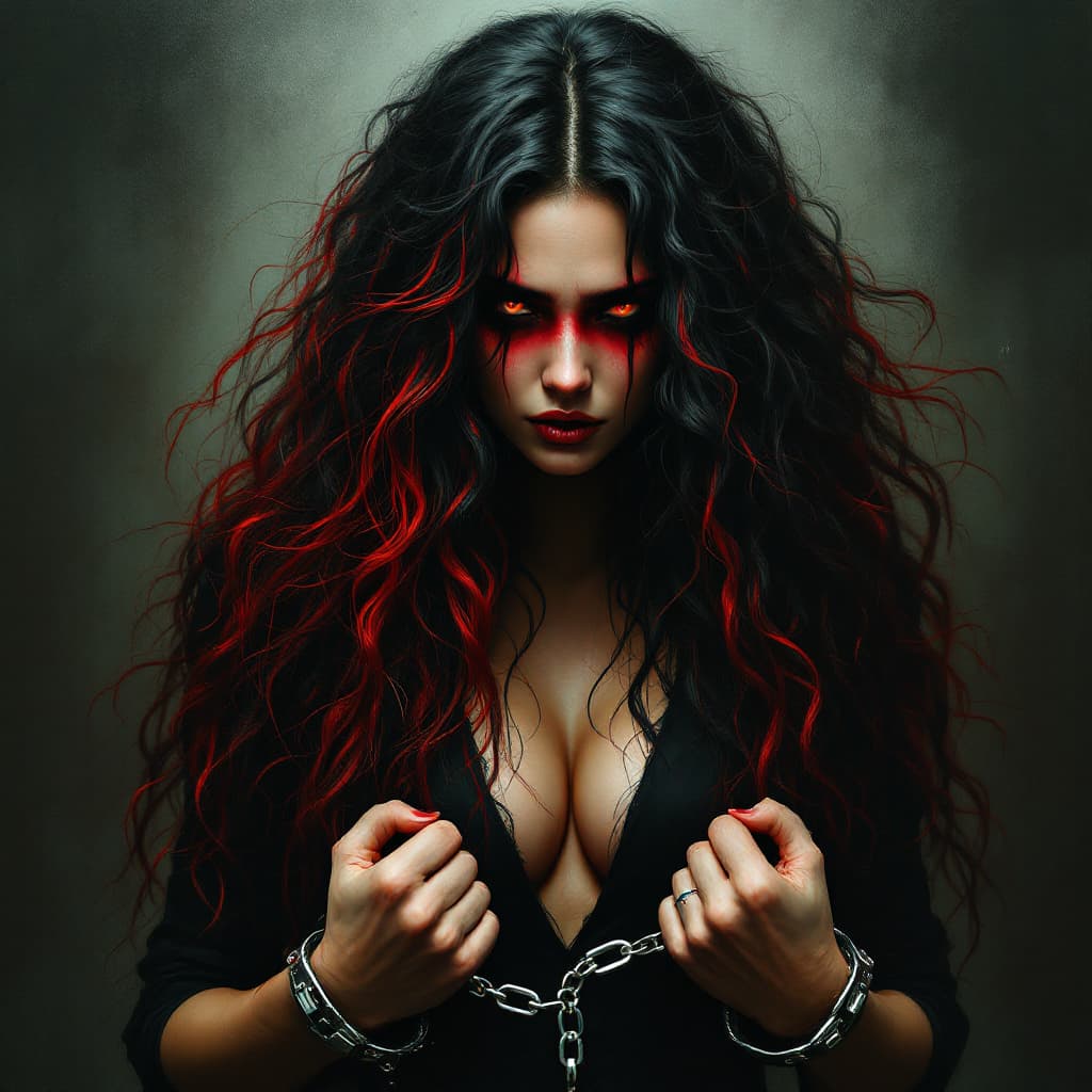 AI generated: With a mane of long, curly black and red hair cascading down her back, her piercing red eyes shine b...