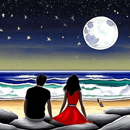 AI generated: please draw me a couple sitting on the seashore, on the rocks in the night, make it look from the ba...