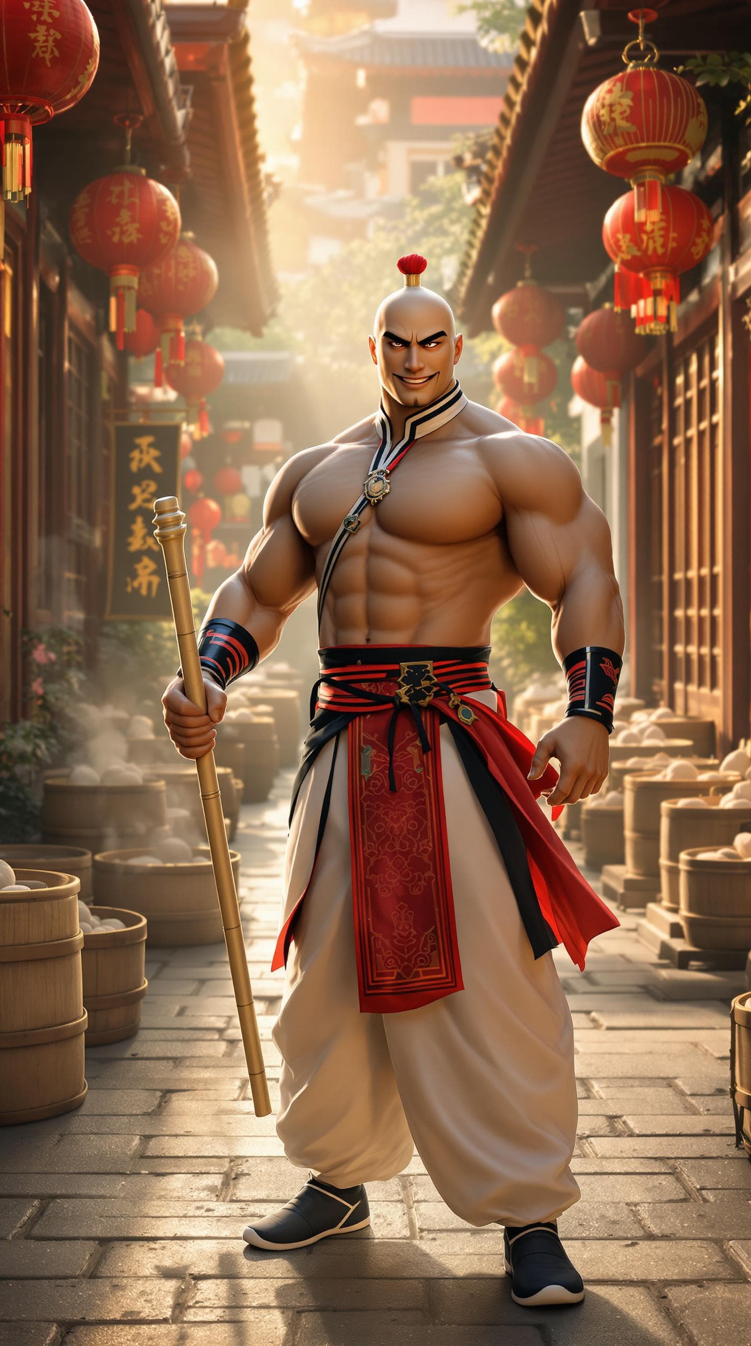 AI generated: A hyper-realistic image of a muscular Chinese male martial artist inspired by Po from Kung Fu Panda;...