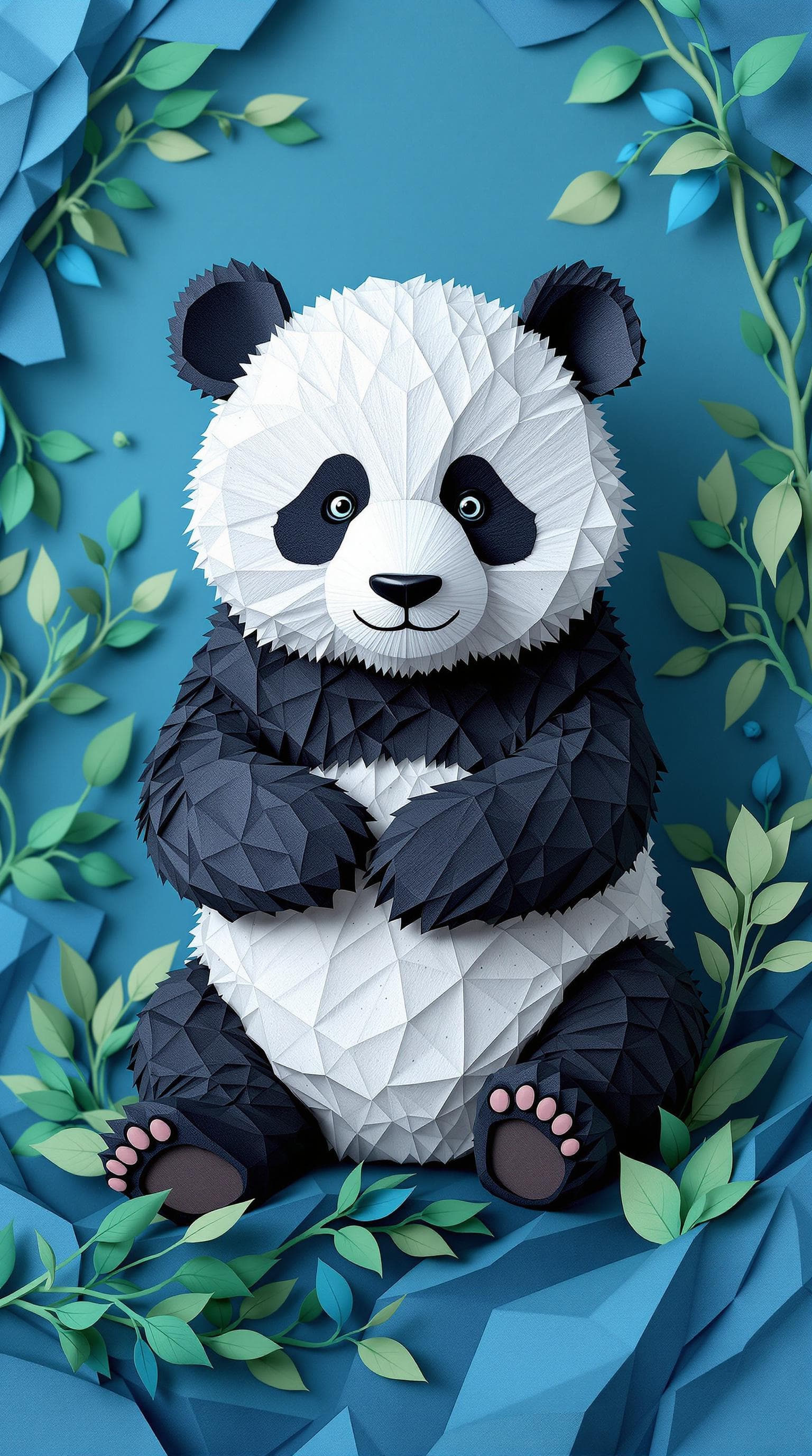 AI generated: 3d rendering, front view, beautiful panda, paper work for a tactile style, select a colour palette w...