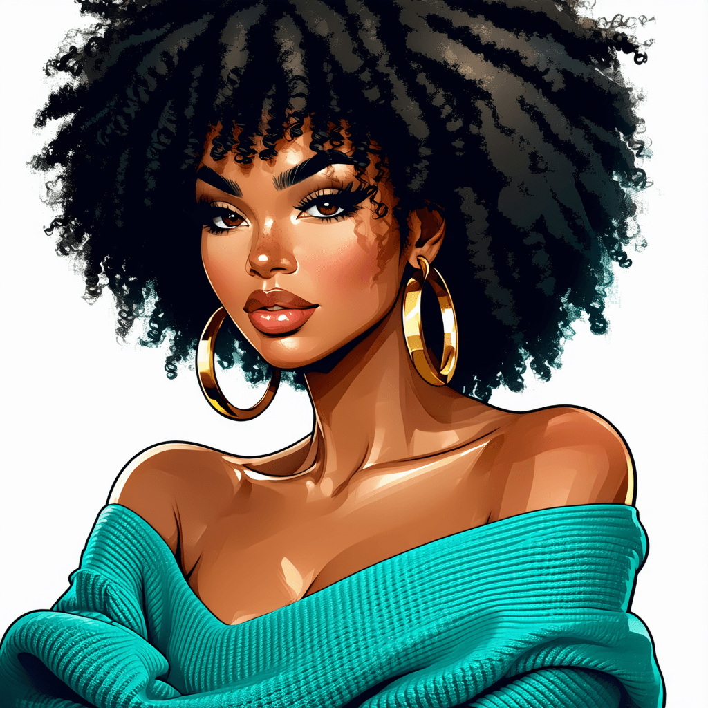 AI generated: A digital airbrushed illustration of an African American woman with voluminous natural curly hair in...