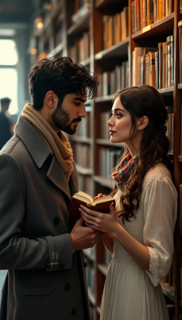 AI generated: 
"In an old bookstore with wooden shelves, Amir (a 27-year-old man, with medium height, slim build, ...