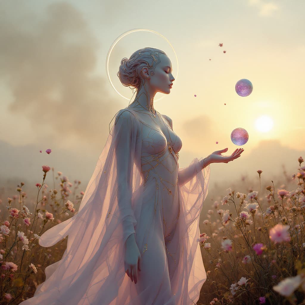 AI generated: Beautiful ethereal android woman stands in smoky battlefield at dusk::1.4  
molten glass smooth ski...
