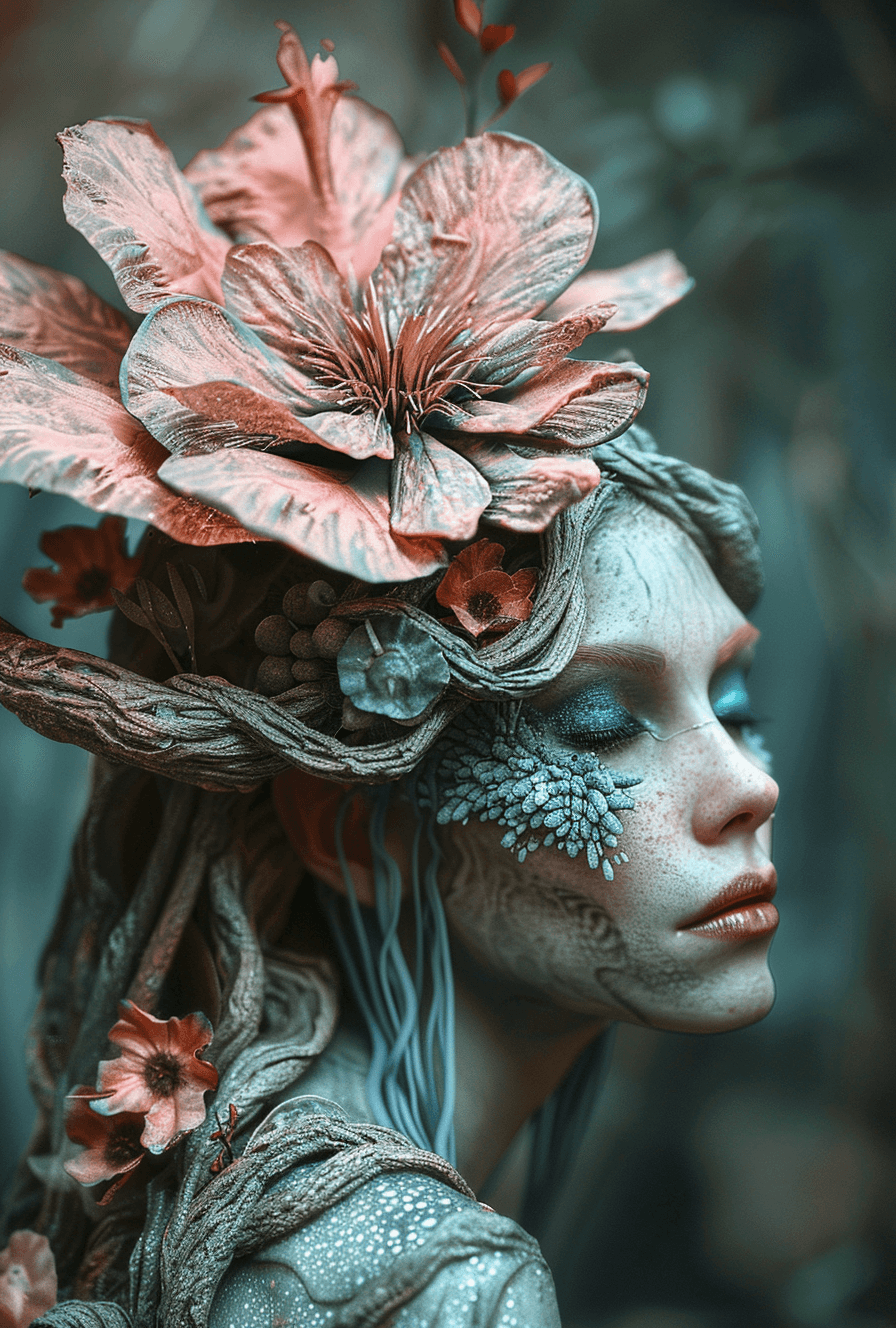 AI generated: a woman with a mushroom mane with a pink flower on her head, in the style of fantastical, otherworld...