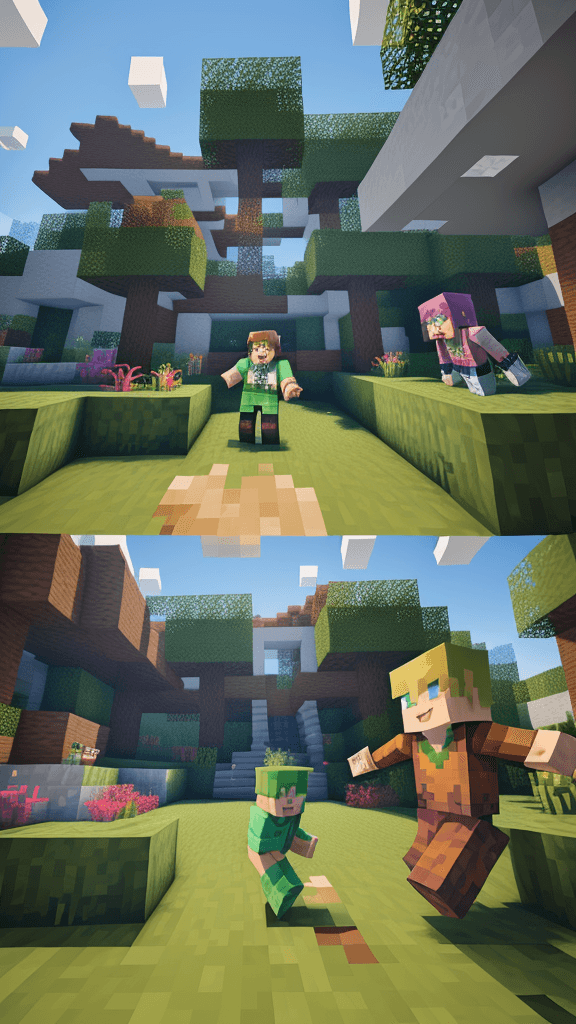 AI generated: (style: minecraft)(character: boy)(action: playing)(action: playing with a puppy)(action: excited ha...