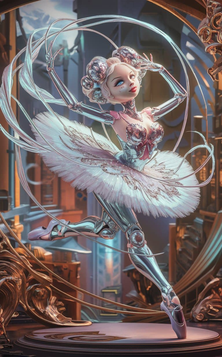 AI generated: pixar portrait 8 k photo, beautiful shiny white rich galactic prima ballerina clowncore russian cybo...
