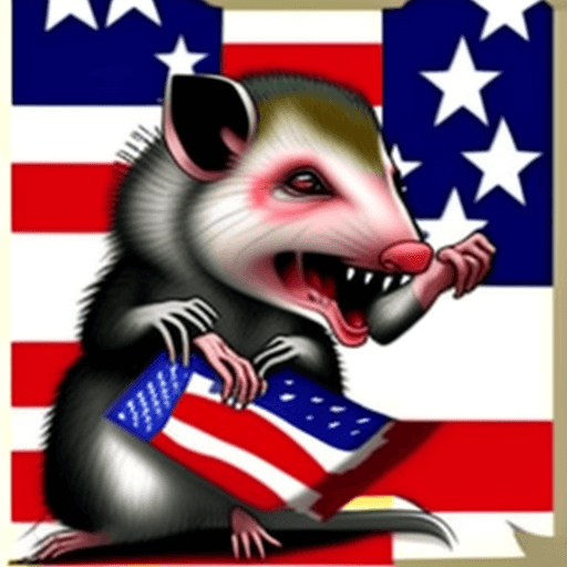 AI generated: an opossum hissing angrily about commies. American flags. Beer. One firearm. Words to display are "h...