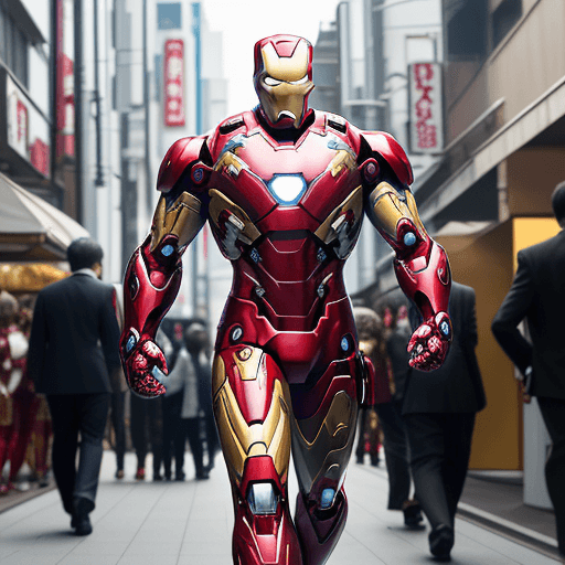 AI generated: color photo of Iron- Man with a red armor in Tokyo

Iron-man walking through the bustling streets, h...