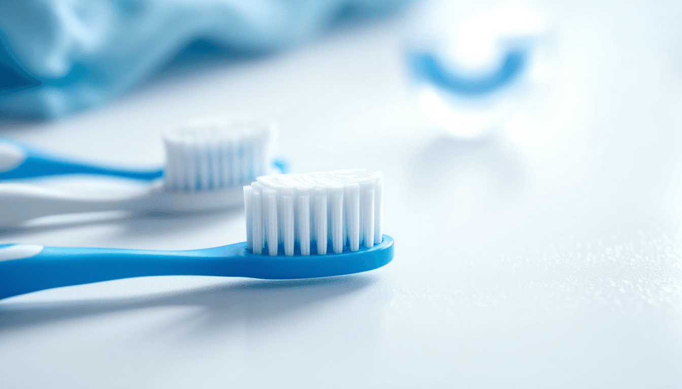 AI generated: Toothbrushes on white surface, blue and white design, close-up photography, dental hygiene, soft foc...