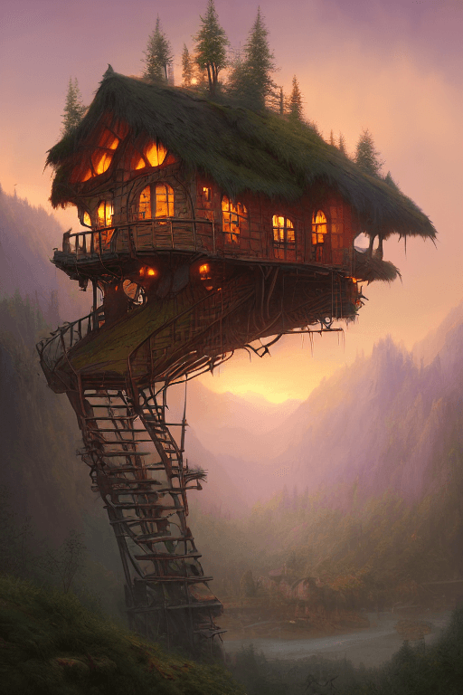 AI generated: valley, fairytale treehouse village covered,, matte painting, highly detailed, dynamic lighting, cin...