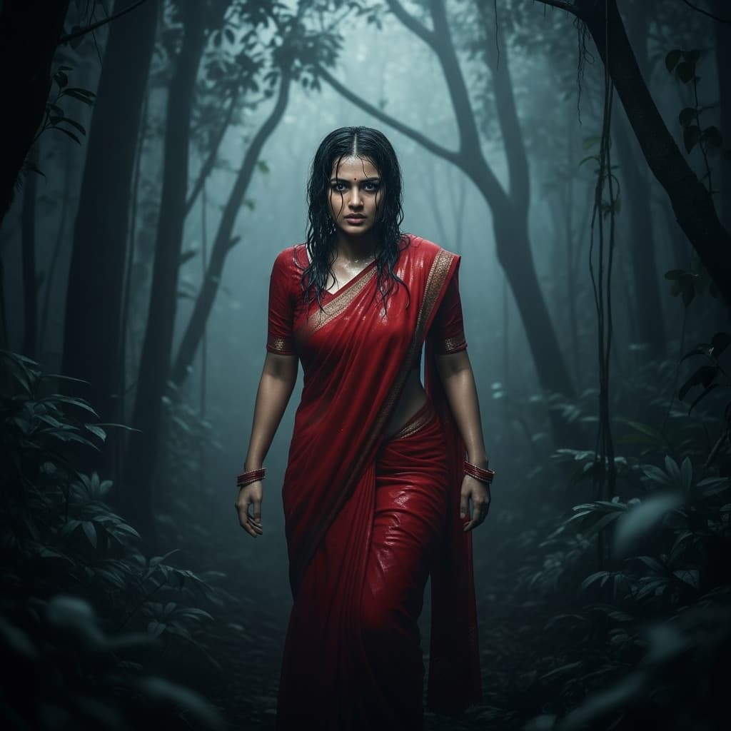 AI generated: A Hindu girl kirti sanon , wearing saree , drenched in sweat , in jungle , dark theme