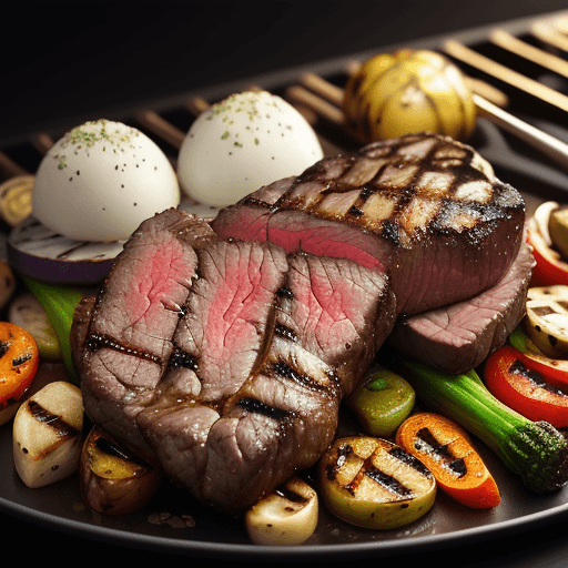 AI generated: Food photography, grilled beef,grilled vegetables,in a luxurious Michelin kitchen style, studio ligh...