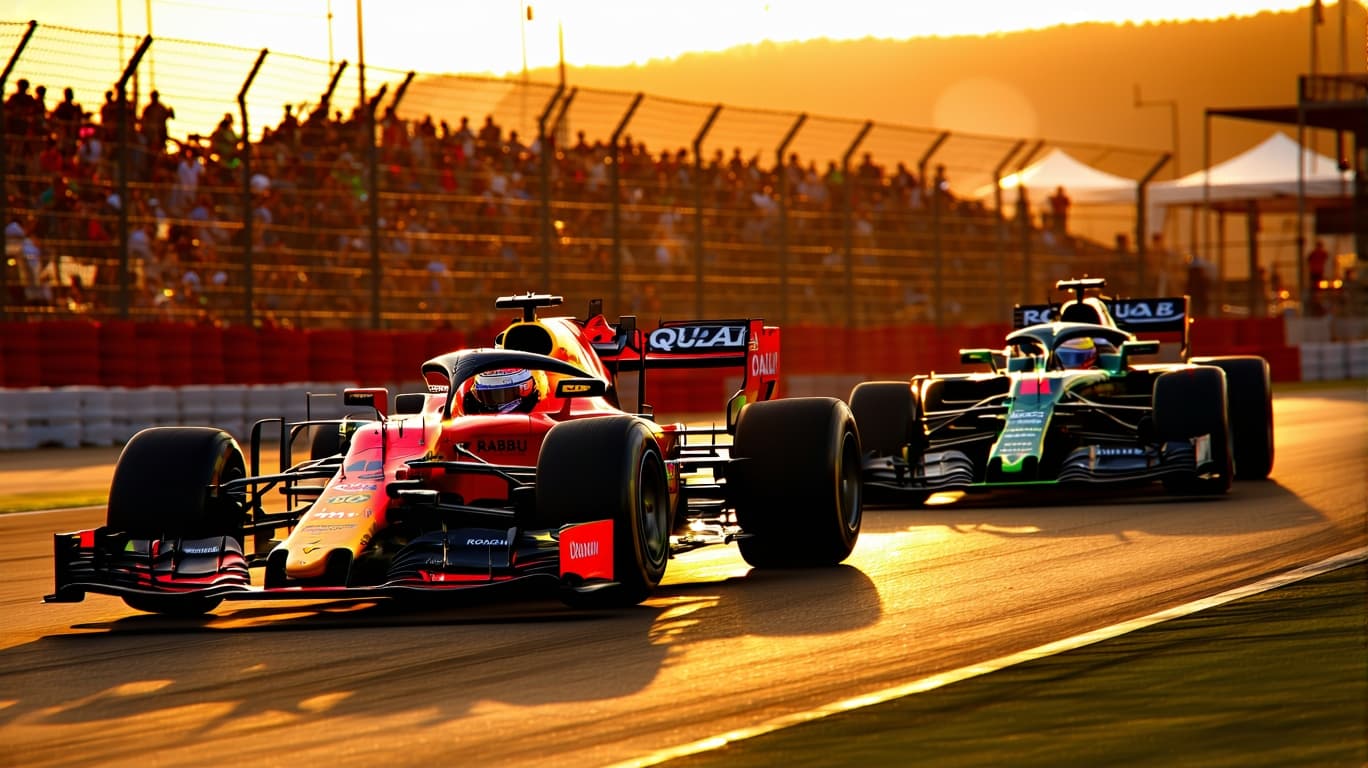 AI generated: A high-speed Formula 1 race is taking place on a professional circuit during a breathtaking sunset. ...