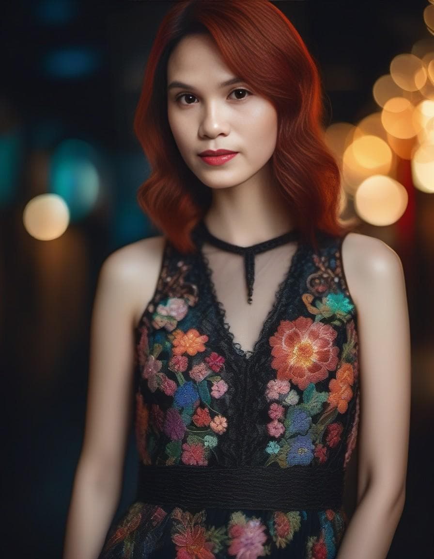 AI generated: Gorgeous redhead with freckles, wearing a colorful, vibrant, detailed embroidered dress, medium-full...