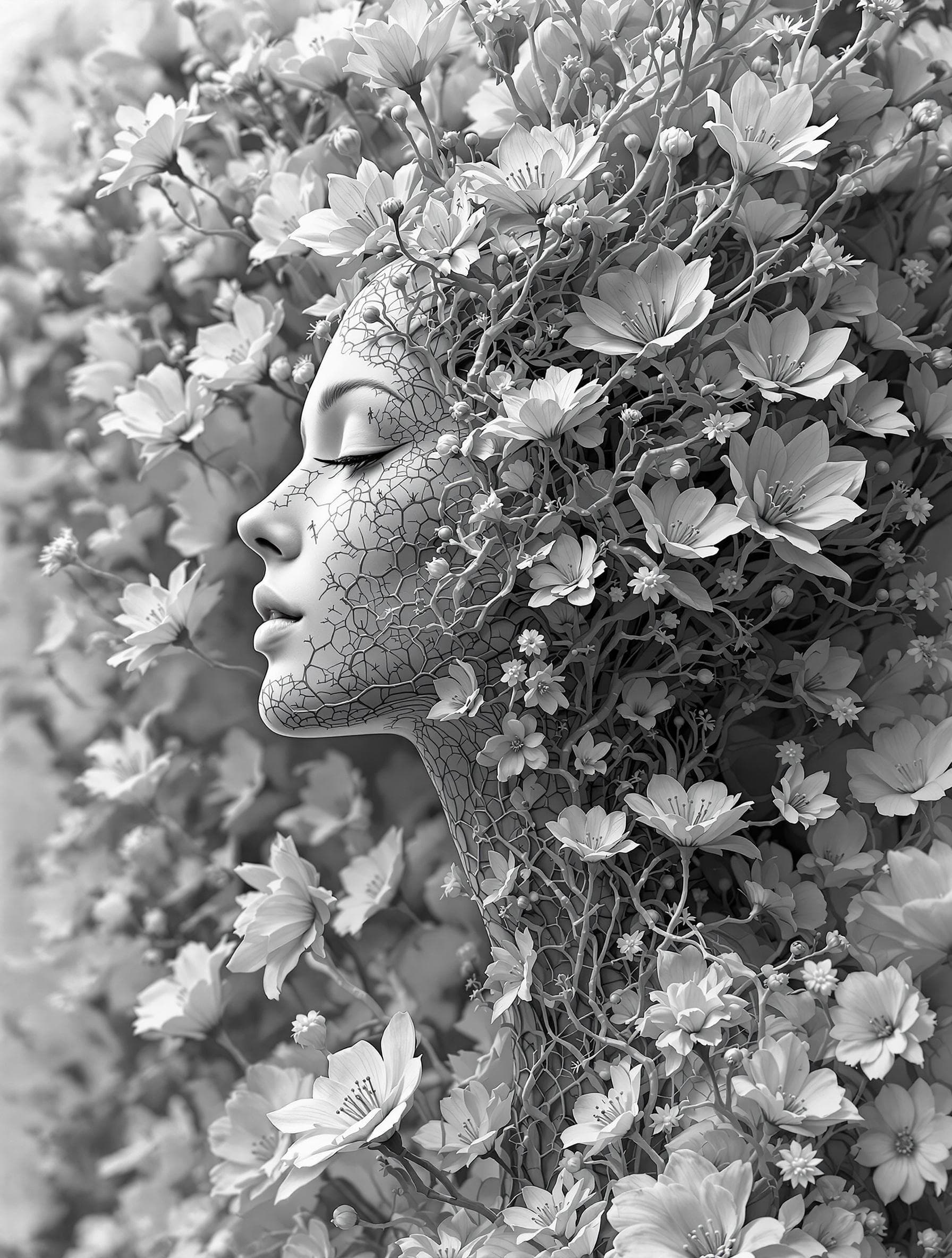 AI generated:  3d woman in flowers with human and flower shaped branches, in the style of medical imaging film. , ...