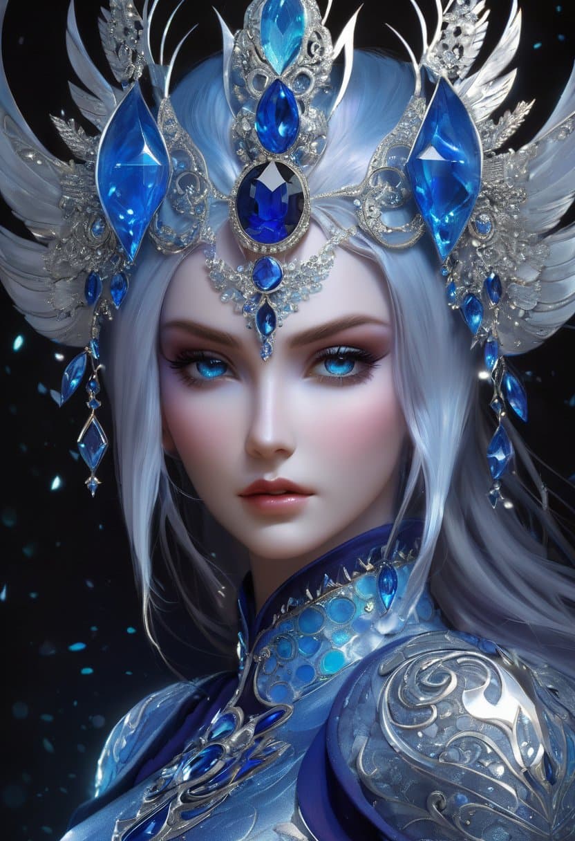 AI generated: Fantasy creature morphing from nemesis, diamond skin, sapphire hair, ice eyes, intricate detail, fan...