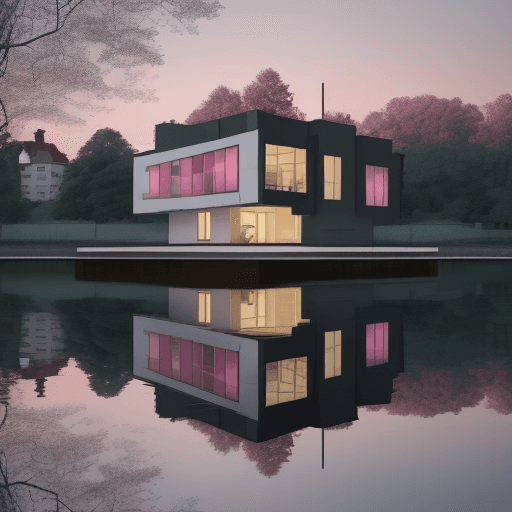 AI generated: small single-family house in Bauhaus style by the lake. View of the house from diagonally above, Fir...