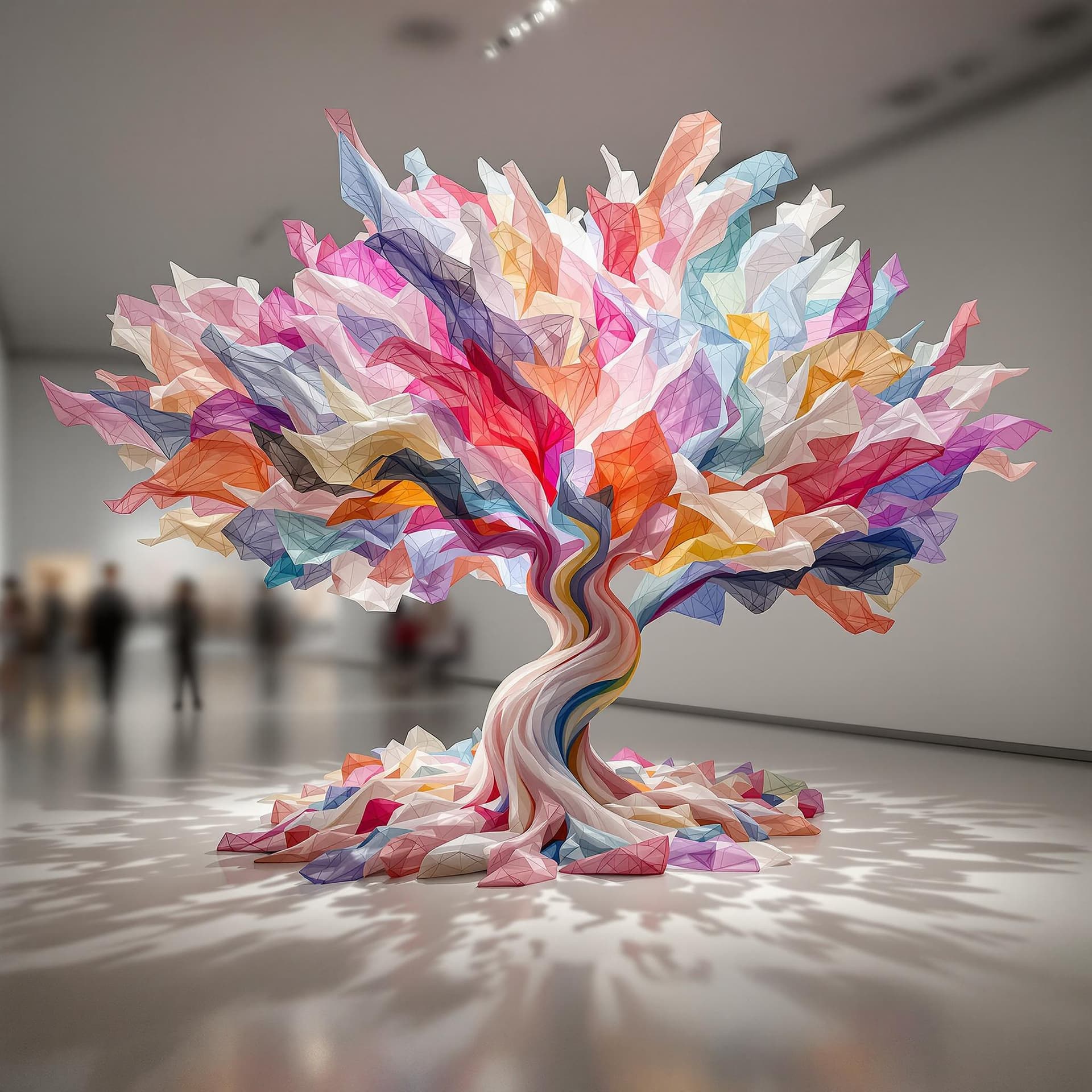 AI generated: Spatial design, colorful silk fabric sculpture located in indoor gallery in ethereal tree style, spe...
