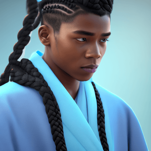 AI generated: young male disciple with vitiligo in a braid with bangs, in black and light blue robes, octane rende...