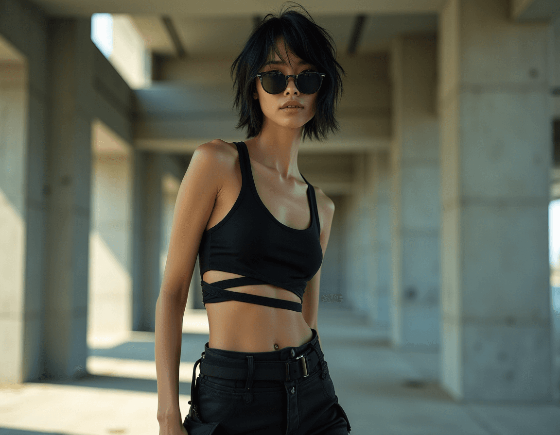 AI generated: High fashion photo of a slim, small breast, flat chest, abs, young asian female supermodel, with sho...