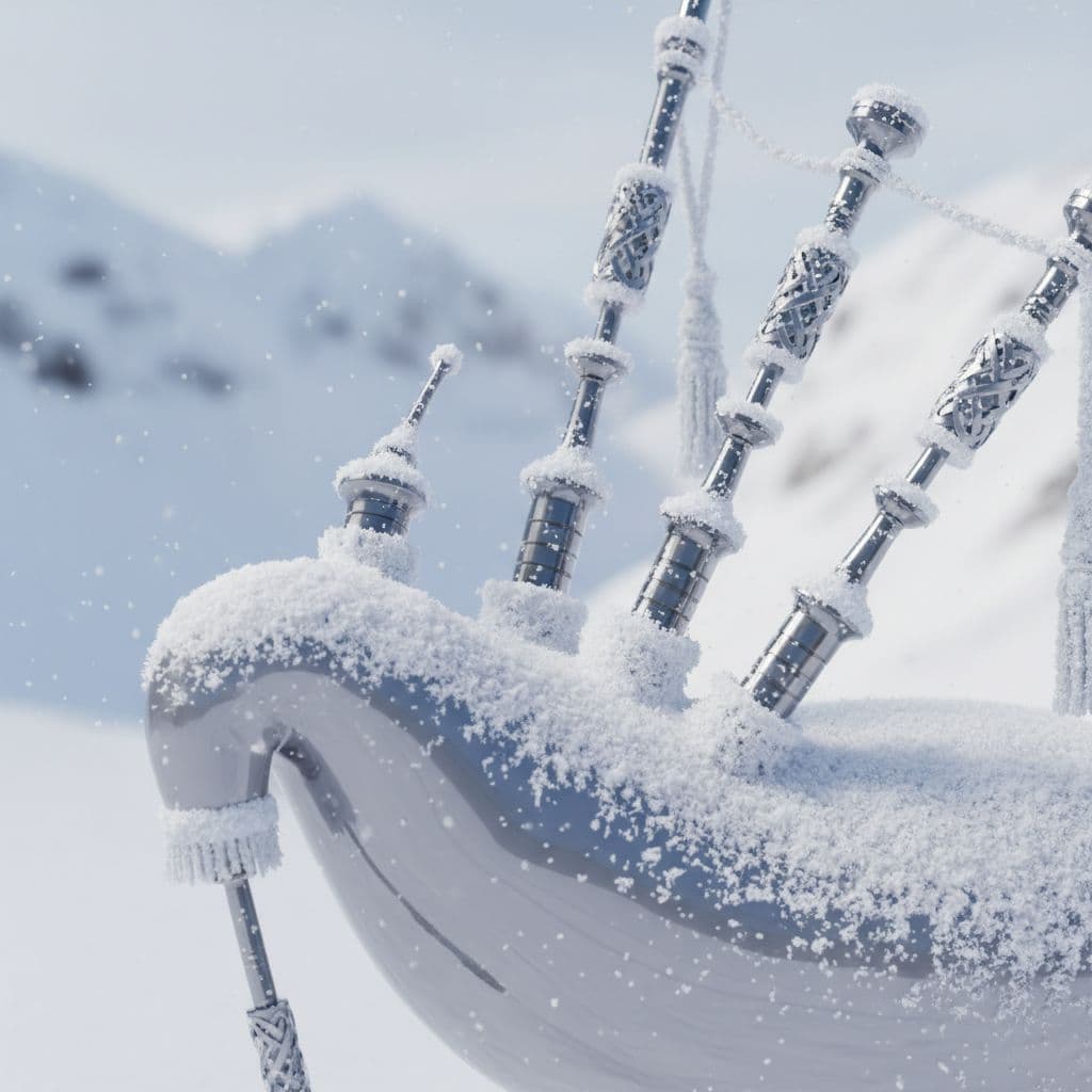 AI generated: 3D close-up of snow-covered bagpipes, beveled ornament detail, smooth glossy surface.